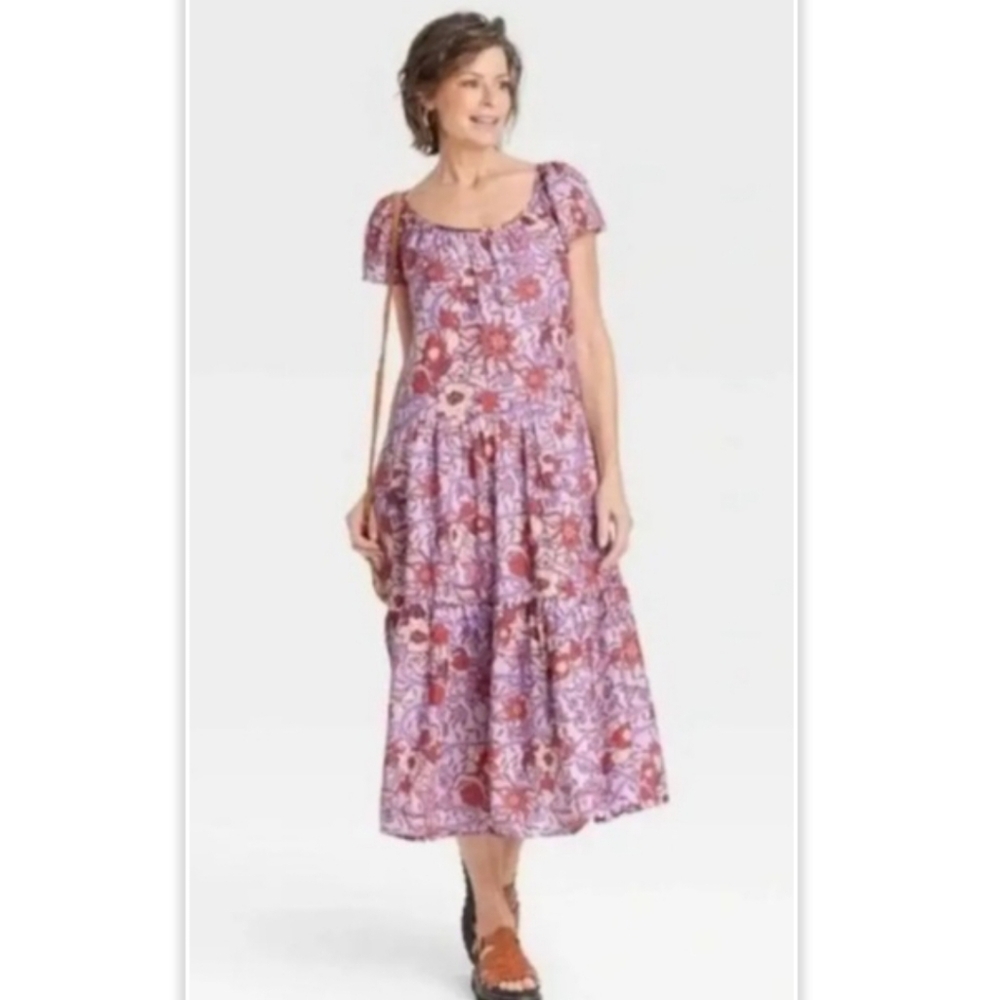 Knox Rose Flutter Sleeve Midi Boho Purple Haze Floral Dress Size Med - Picture 1 of 9